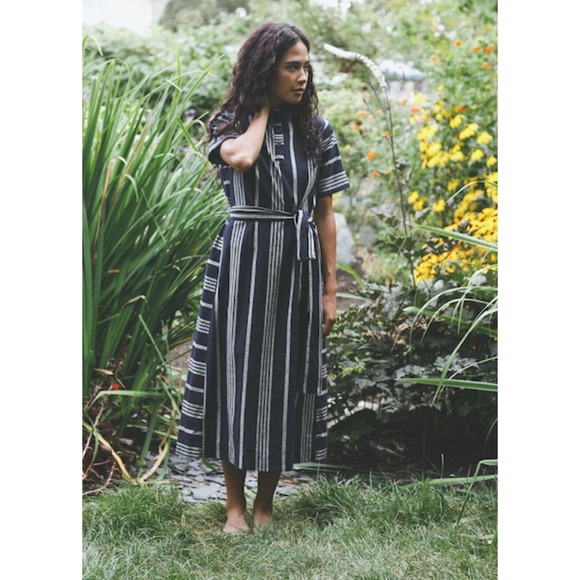 Ace & Jig Sz M Margaret Belted A-Line Midi Dress In Selvedge Blue Stripes - Picture 3 of 11